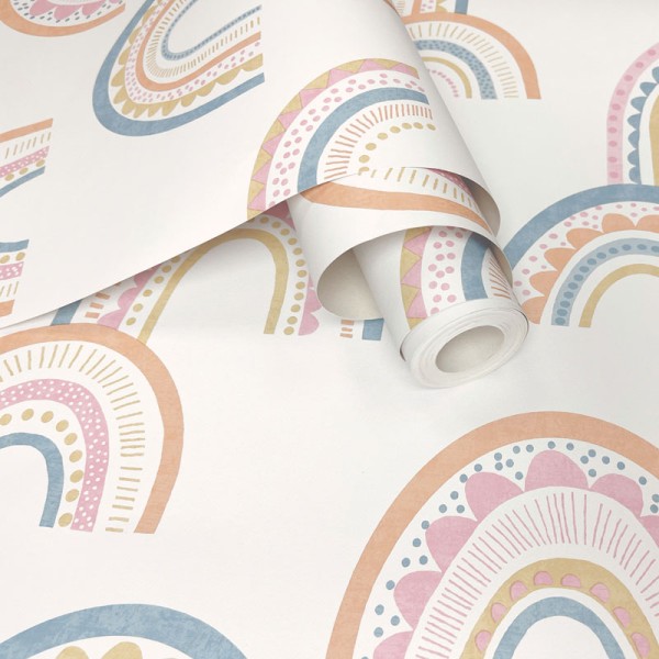 papel pintado arcoiris bohemio rosa y azul