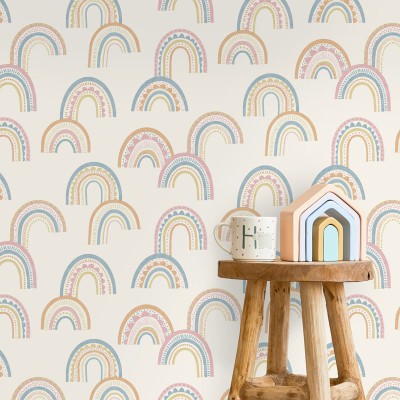 papel pintado arcoiris bohemio rosa y azul