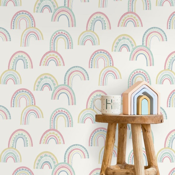 papel de parede aro-iris estilizado rosa e turquesa
