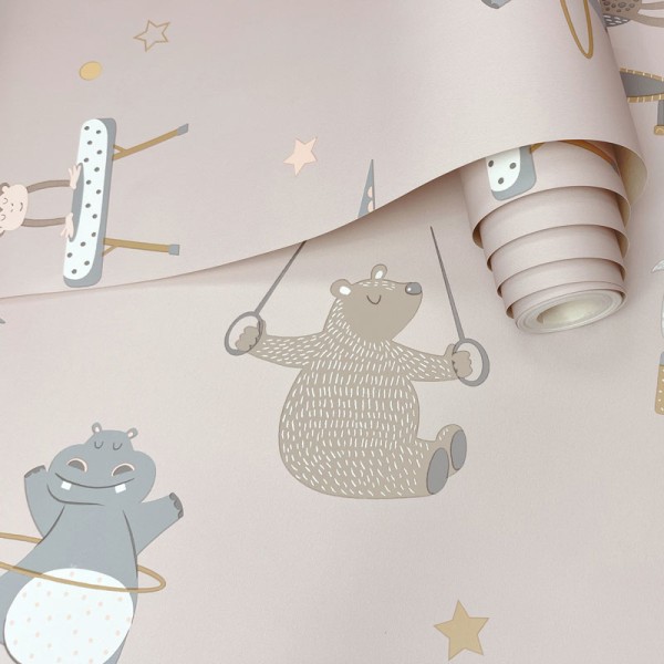 papel pintado animales gimnastas con fondo rosa