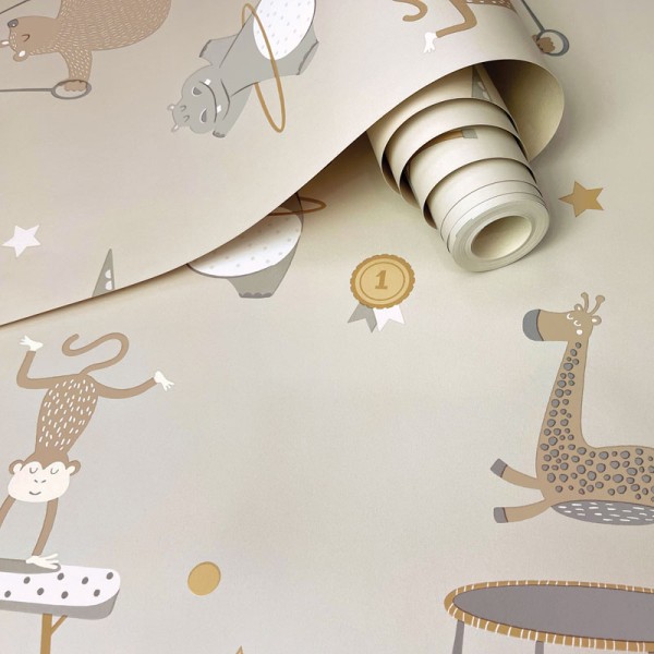 papel pintado animales gimnastas con fondo beige