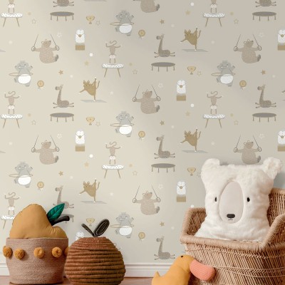 papel pintado animales gimnastas con fondo beige 2