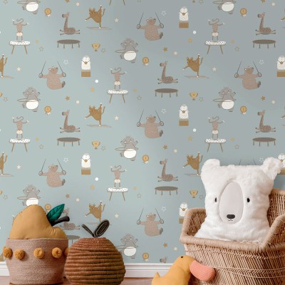 papel de parede animais ginastas cor azul 2