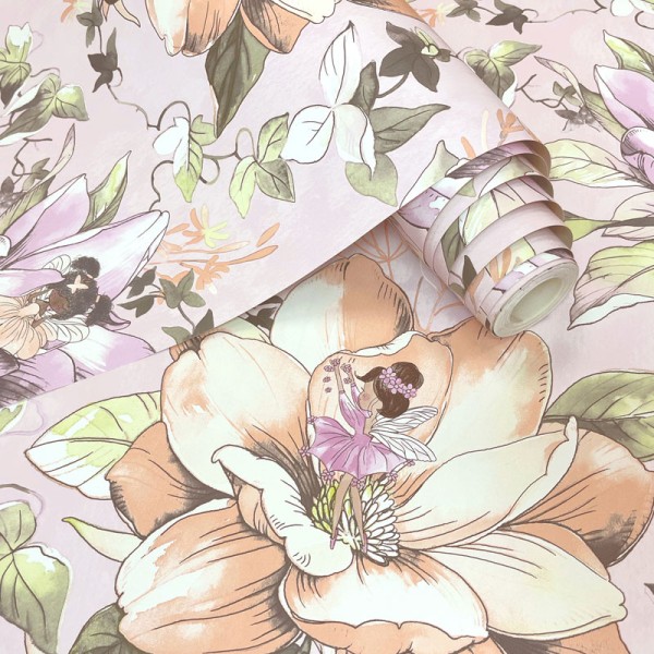 papel pintado floral con hadas rosa