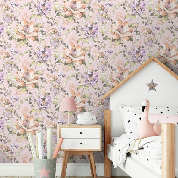 papel pintado floral con hadas rosa