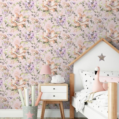 papel pintado floral con hadas rosa