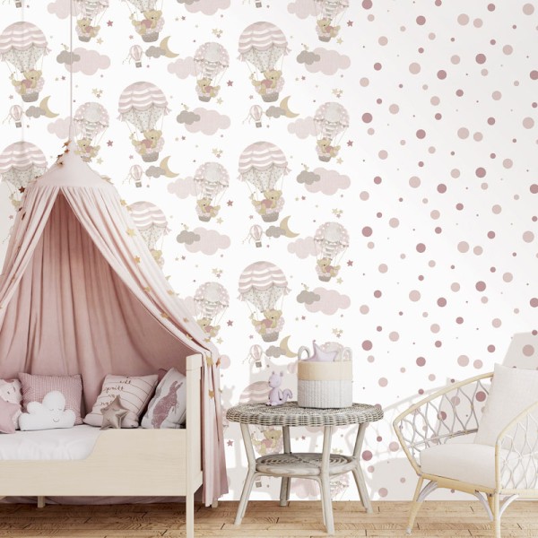 Papel pintado infantil osos y globos aerostáticos color rosa