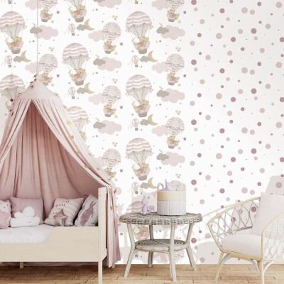 Papel pintado infantil osos y globos aerostáticos color rosa