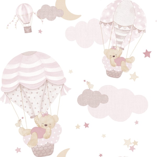 papel de parede ursos e balões de ar quente cor rosa