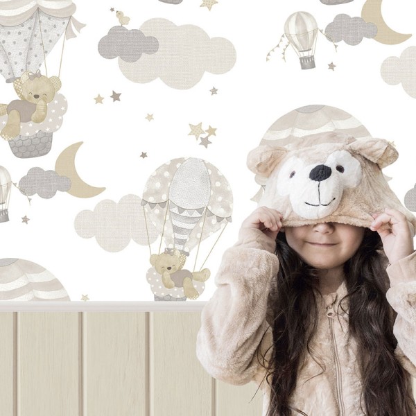 papel pintado osos y globos aerostáticos beige papel pintado osos y globos aerostáticos beige