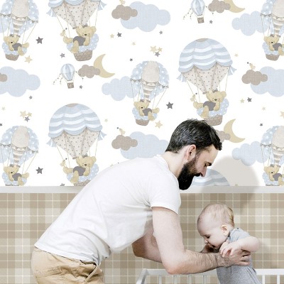 Papel pintado osos y globos aerostáticos azul 2