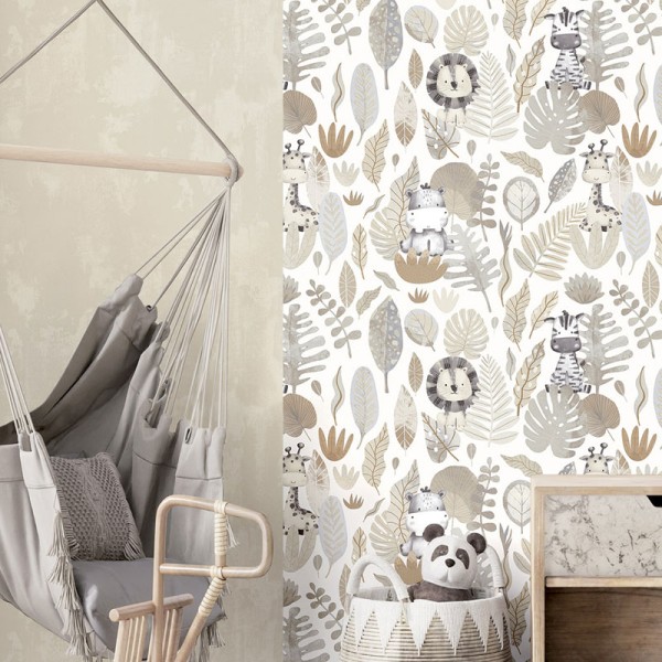 Papel pintado infantil animales beige tropical