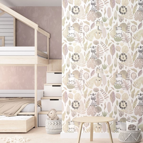 papel pintado infantil selva tropical rosa