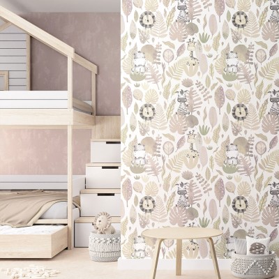 papel pintado infantil selva tropical rosa