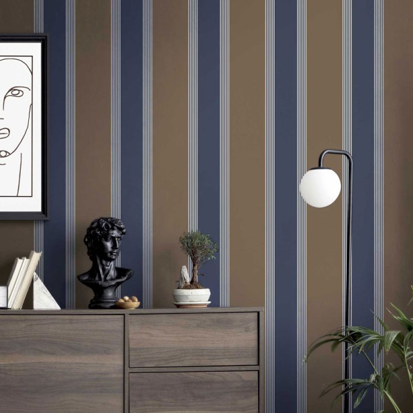 Papel pintado rayas clásicas marrones y azules