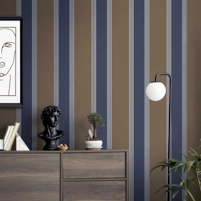 Papel pintado rayas clásicas marrones y azules