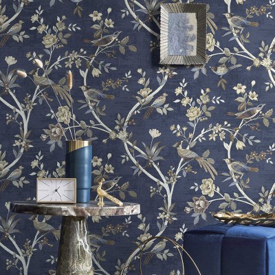 papel pintado chinoiserie textil color  azul oscuro
