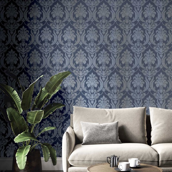 papel de parede damasco têxtil cor azul