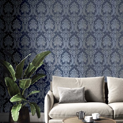 papel de parede damasco têxtil cor azul