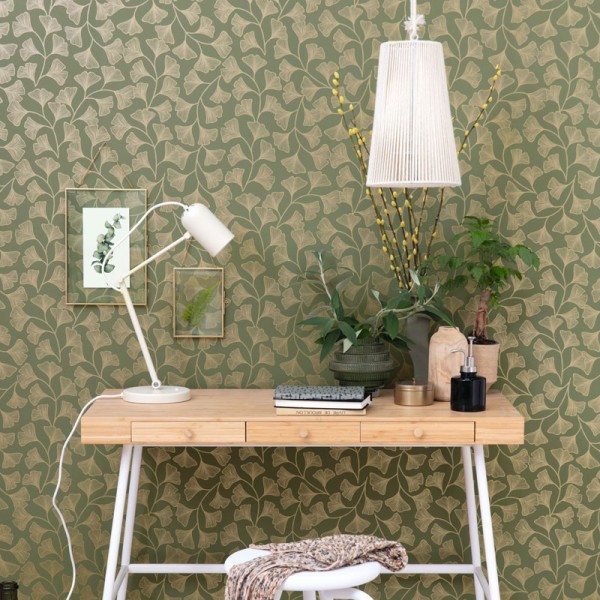 papel pintado hojas ginkgo cobre y verde