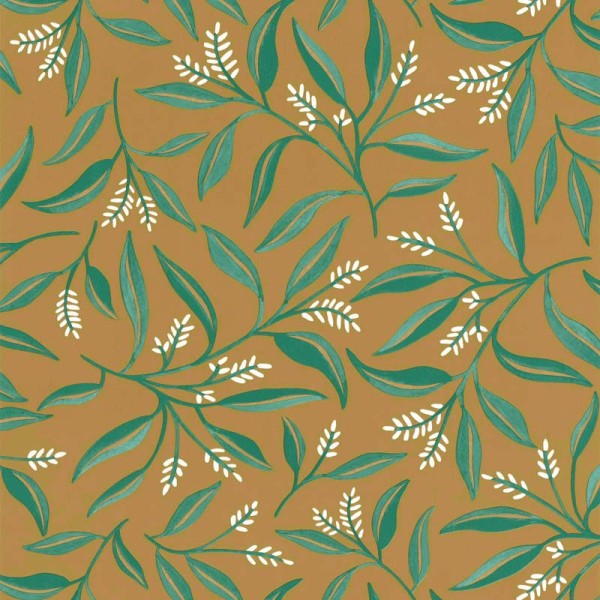 Papel pintado hojas de olivo verde con fondo ocre