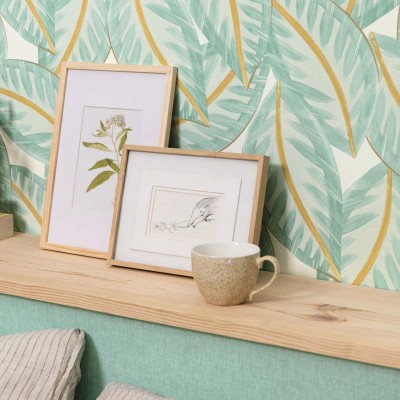 Papel pintado hojas acuarela verde agua