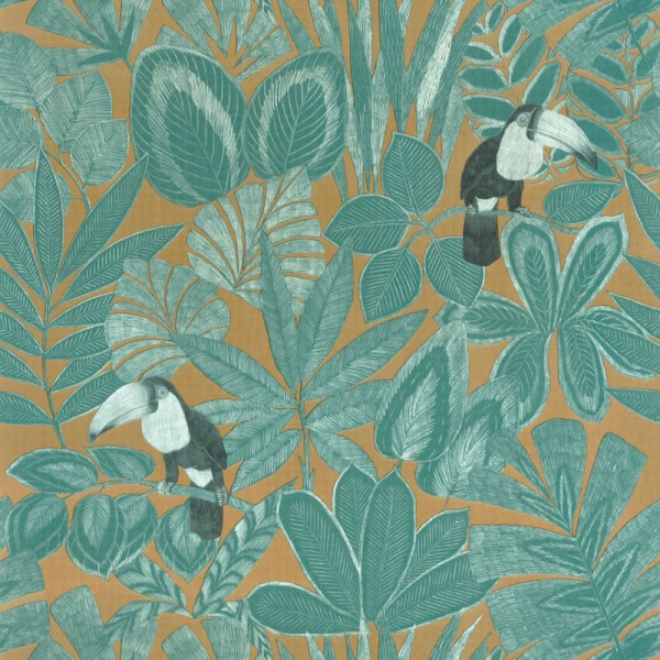 papel de parede folhas tropicais com tucanos cor verde e ocre