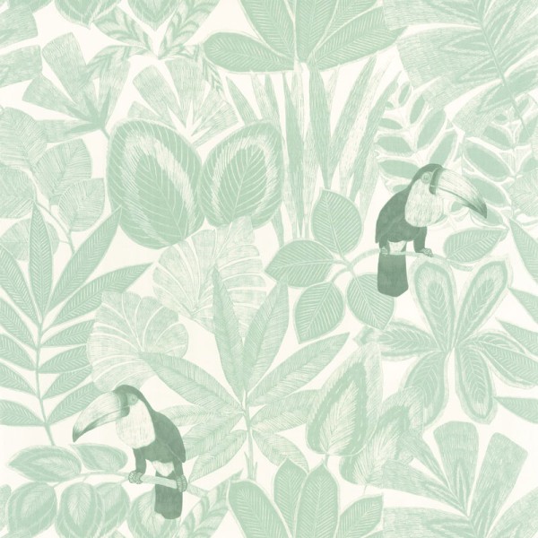 papel de parede folhas tropicais com tucanos cor verde almendra