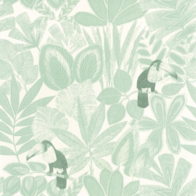 Papel pintado hojas tropicales con tucanes de color verde almendra Papel pintado hojas tropicales con tucanes de color verde almendra