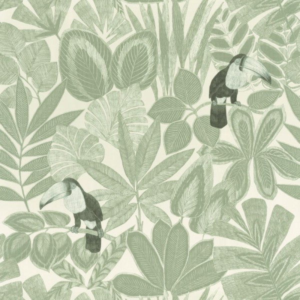 papel de parede folhas tropicais com tucanos cor verde caqui