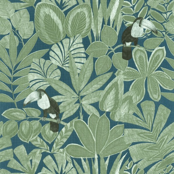 papel de parede folhas tropicais com tucanos cor verde e azul