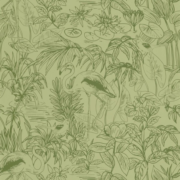 papel de parede tropical com flamingos verde caqui