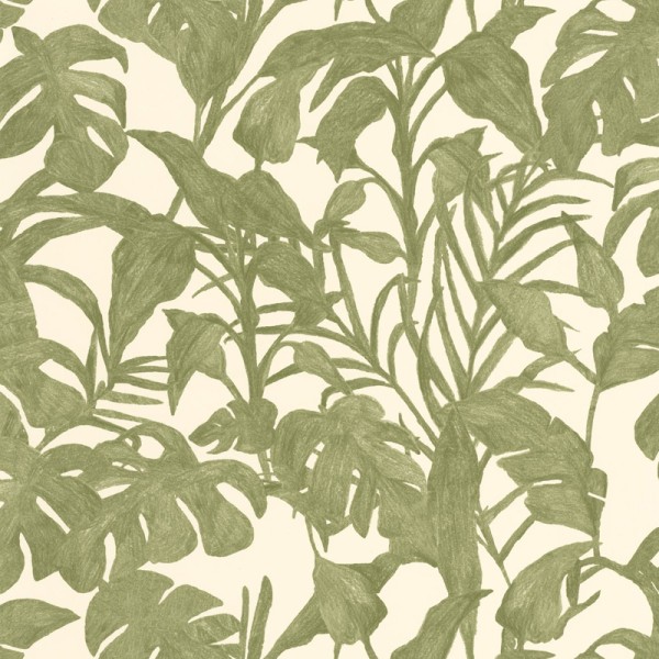 Papel pintado tropical con hojas verde caqui