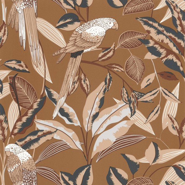 papel pintado tropical con loros fondo marrón
