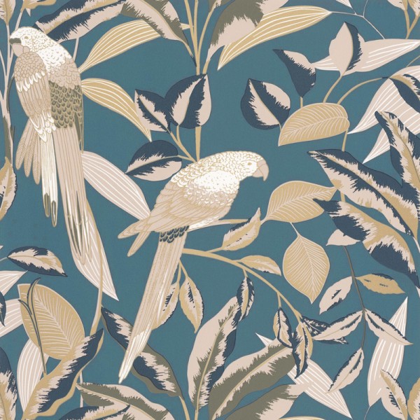 papel pintado tropical con loros fondo azul