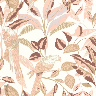 paper pintat tropical amb lloros color daurat i coral paper pintat tropical amb lloros color daurat i coral