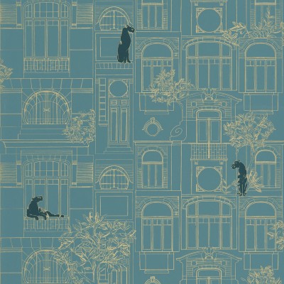 papel pintado edificios art deco color dorado  con fondo azul