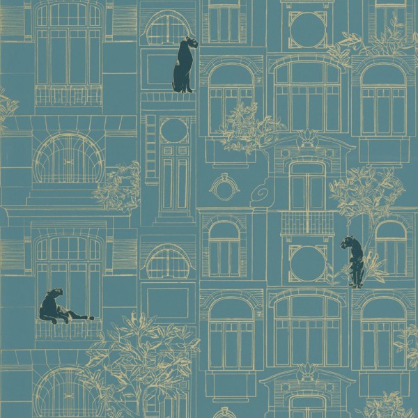 papel de parede edifícios art deco com dourado e fundo azul