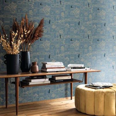 papel de parede edifícios art deco com dourado e fundo azul