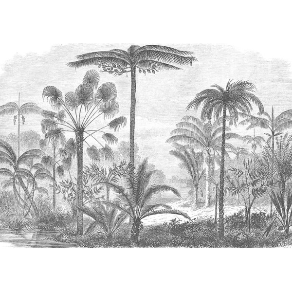 mural con palmeras tropicales color gris