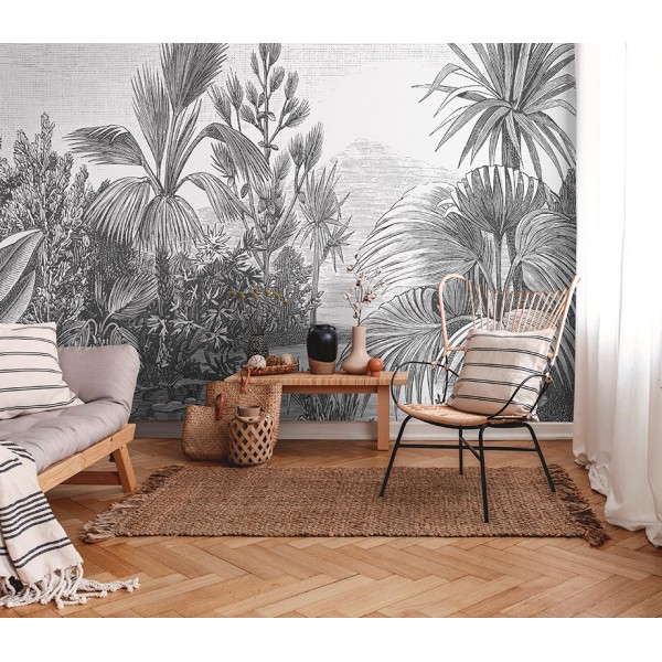 mural tropical con palmeras grises