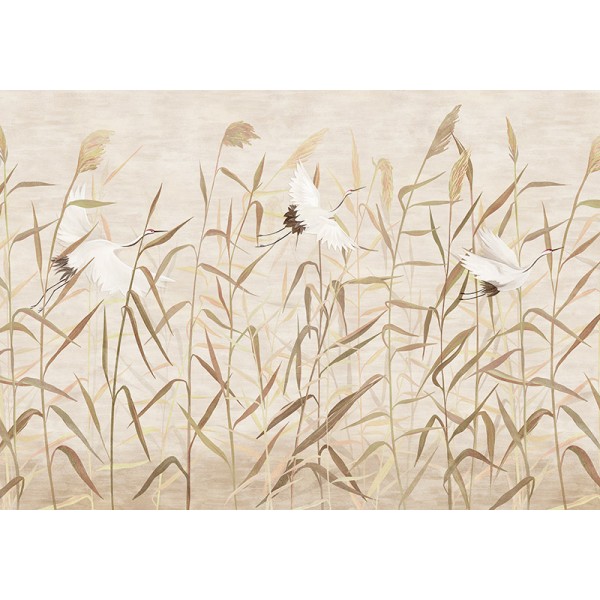 mural amb grulles rodejades de canyes de bambú color beix