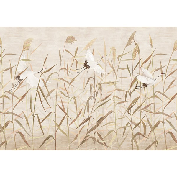 mural com grulhas cercados por canas de bambu cor bege