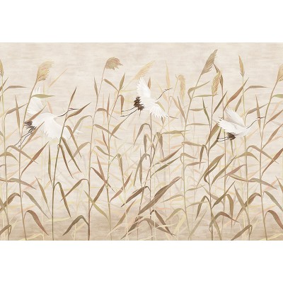 mural com grulhas cercados por canas de bambu cor bege mural com grulhas cercados por canas de bambu cor bege