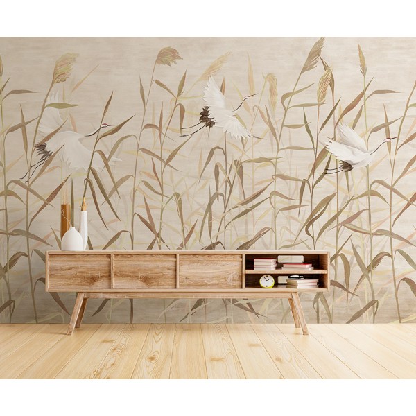 mural con grullas rodeadas de cañas de bambú color beige
