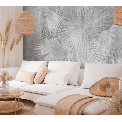 mural com folhas de palmeiras tropicais cor cinza 2