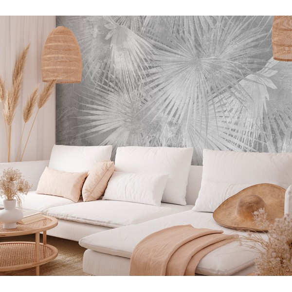 mural con hojas de palmeras tropicales color gris