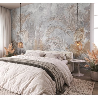 mural folhas tropicais bege e cinza mural folhas tropicais bege e cinza