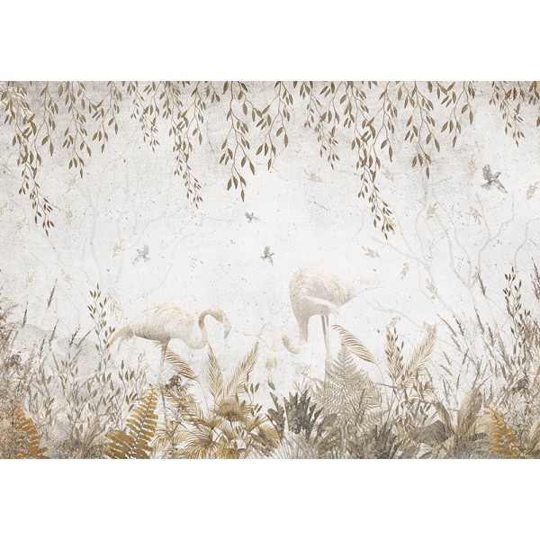 mural con flamencos y naturaleza beige