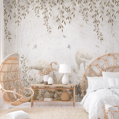 mural com flamingos e natureza bege 2